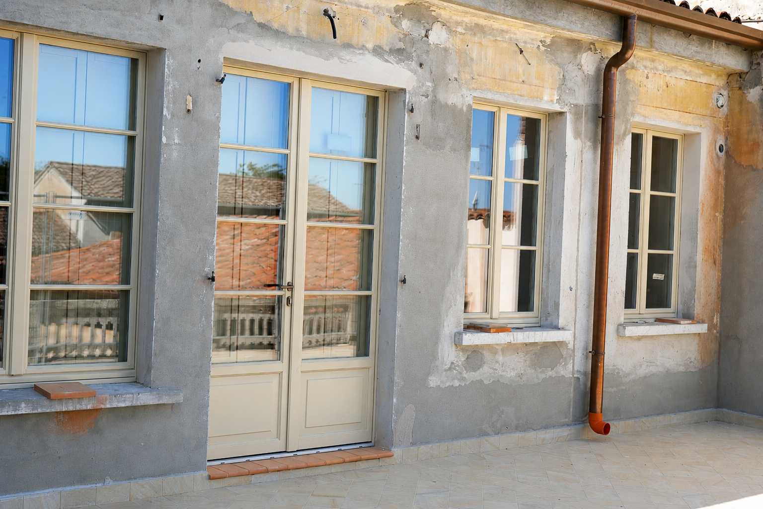 Finestre con pluviale in rame